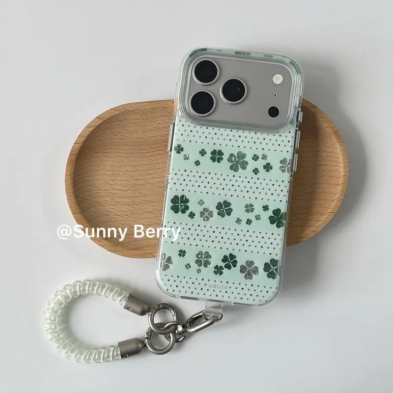 Coque de téléphone coréenne Ins verte à pois, motif trèfle porte-bonheur brillant pour iPhone 18 17 A 16 15 14 13 12 11 Pro 16 Plus Mini Y2K ﻿