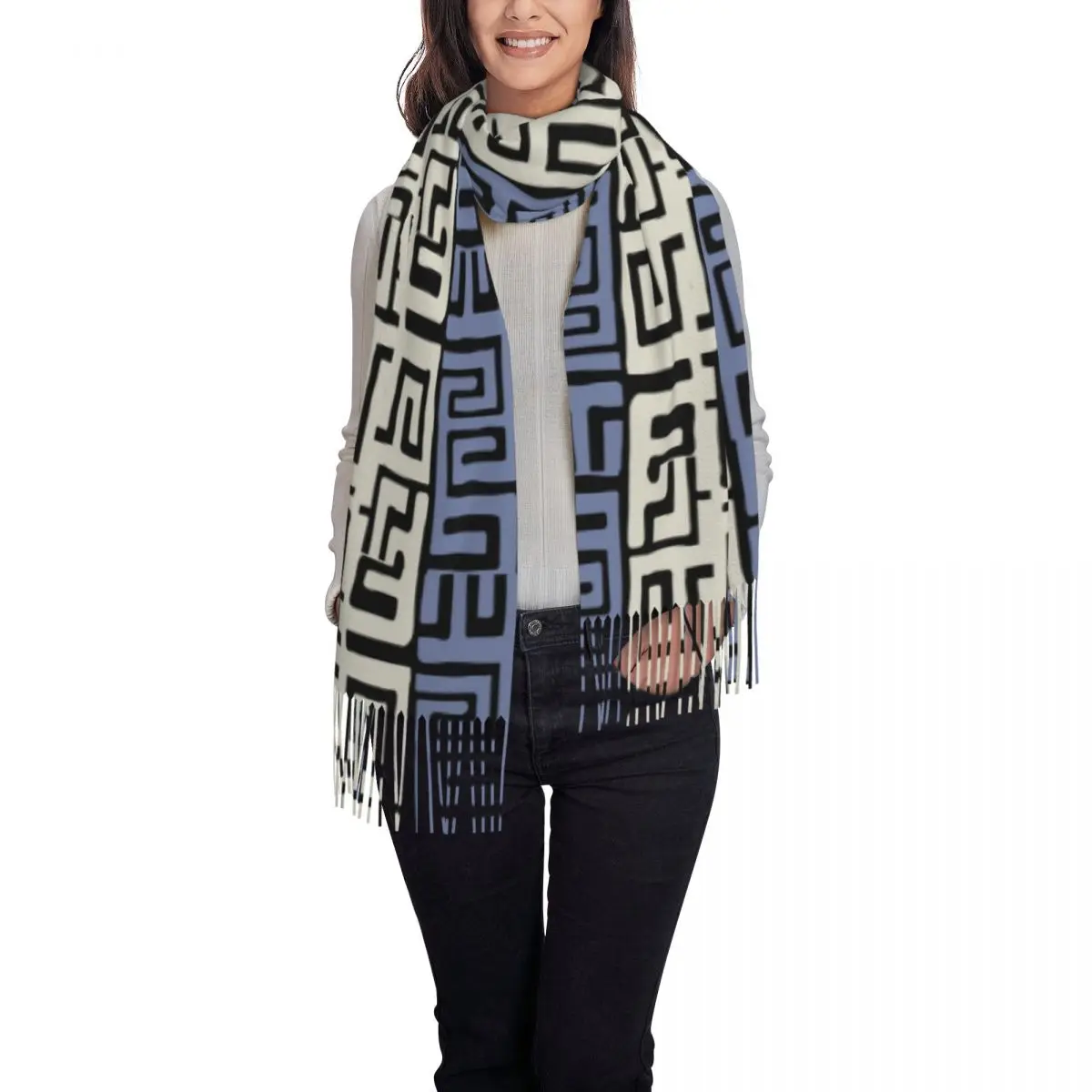 Aangepaste Boho Boheemse sjaal wrap lange winter herfst warme kwast sjaal Unisex Afrikaanse stof geïnspireerde crème en patroon sjaals