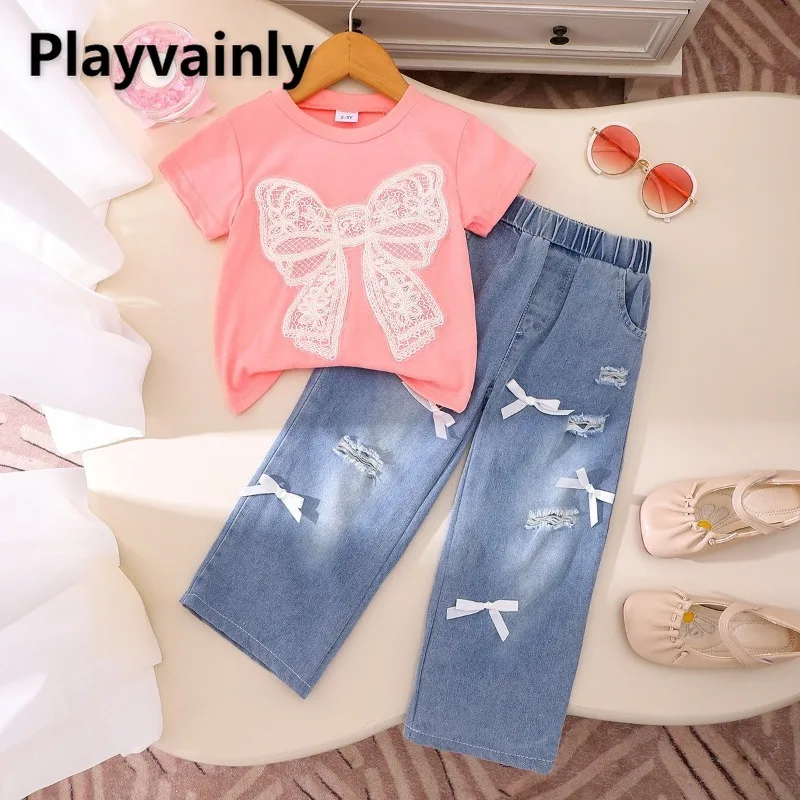 

Новый летний повседневный комплект для девочек 2-7 лет: розовая футболка с бантом и принтом, свободные прямые рваные джинсы, детская одежда B0280
