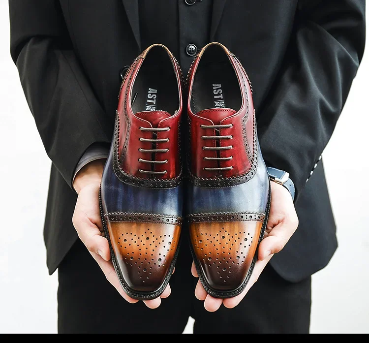 Fashion Brogue Formal Wedding Genuine Leather Shoes Point Toe Cowhide Color Stitching Color Matching Carved Business Men's Shoes