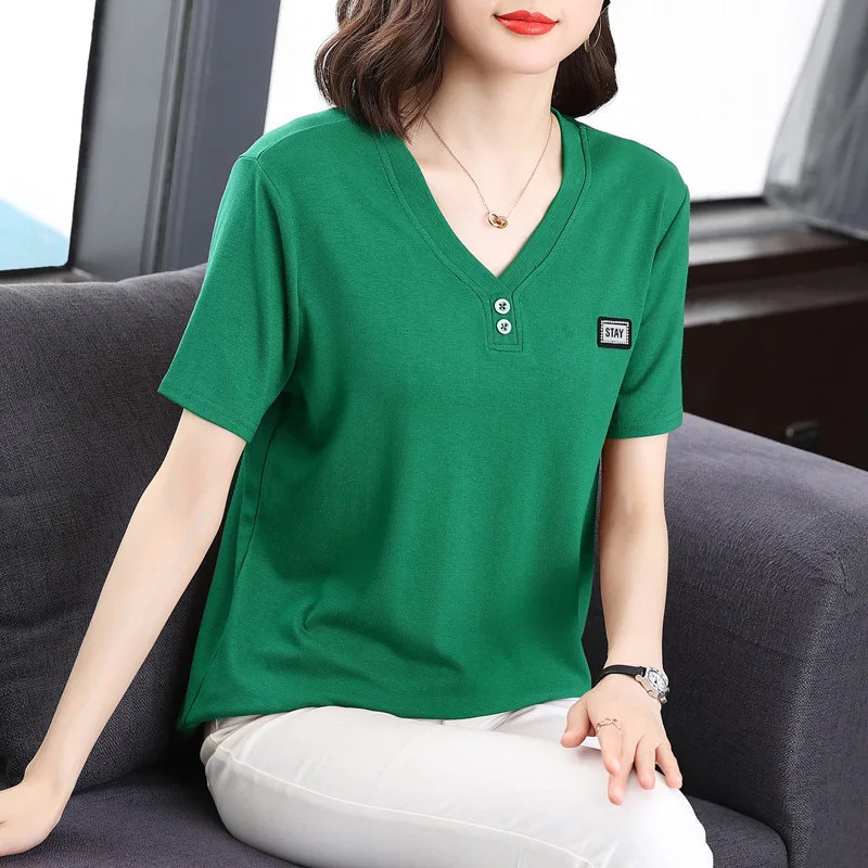 Summer New Women\'s Clothing Short Sleeve V-Neck Solid Button T-shirt Loose Home Slim Casual Versatile Elegant Bottom Tops