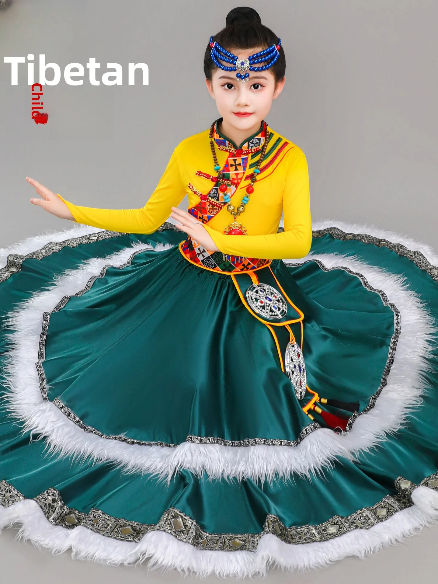 

New Children's Tibetan Ethnic Clothing Girls' Mongolian Dance Performance Suit Minori Sle Polyester Fiber Stage Costume