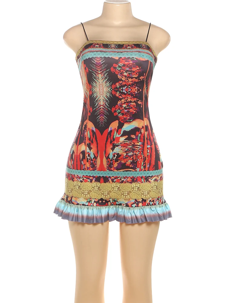 Sisterlinda Sexy Beach Camis Dress Women Colorful Print Sleeveless Skinny Vacation Midnight Party Clubwear Scalloped Hem Bodycon