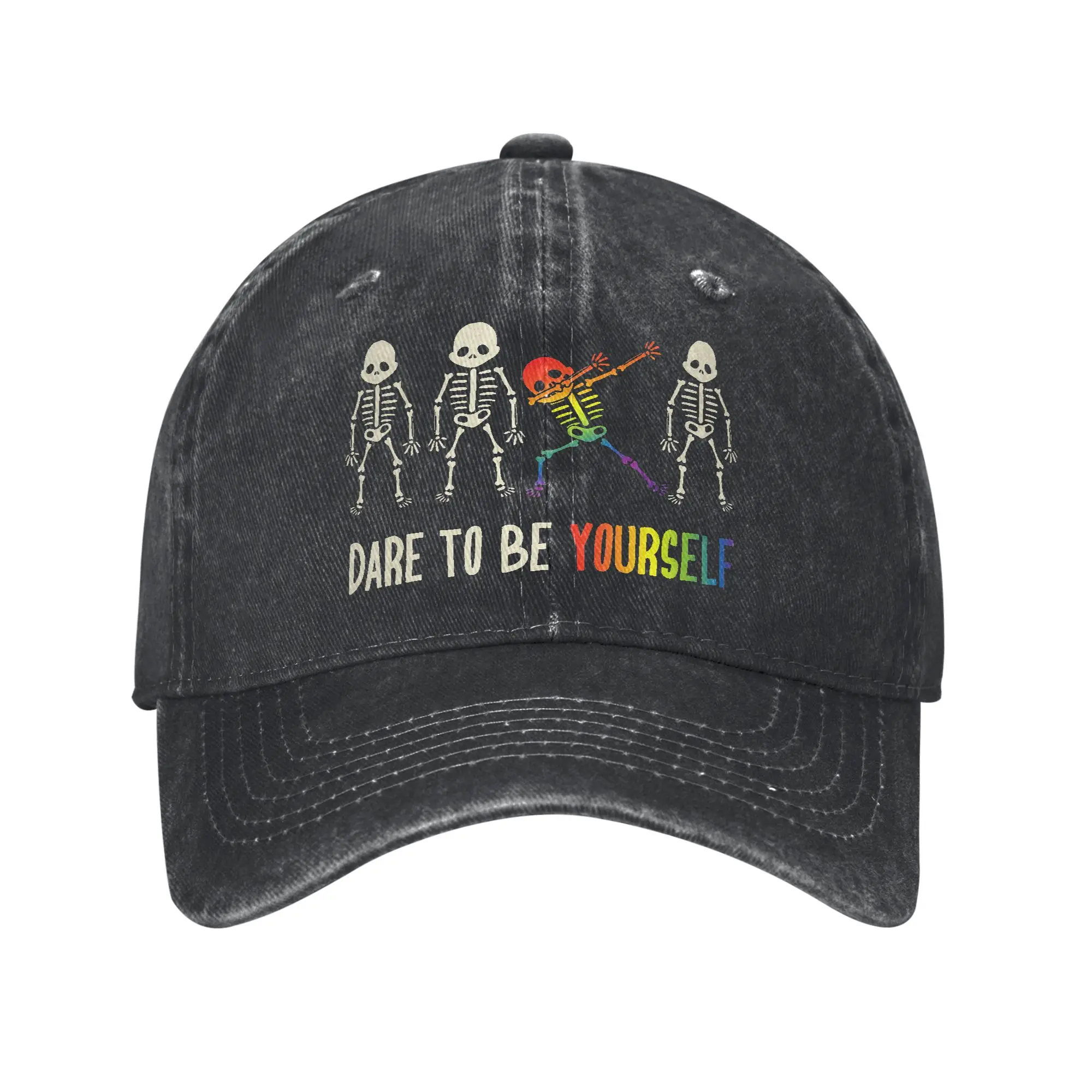 Vintage Cute LGBT Pride Skeleton Baseball Cap Unisex Style Distressed Washed Headwear  Outdoor Summer Adjustable Fit Hats Cap