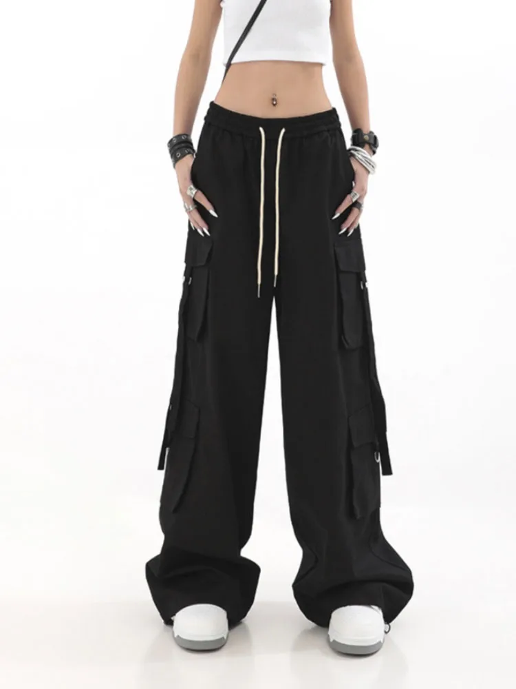 WCFCX STUDIO 90S Vintage Black Sweatpants for Women Oversize Pants Harajuku Y2K Aesthetic Low Waist Wide Leg Baggy Trousers