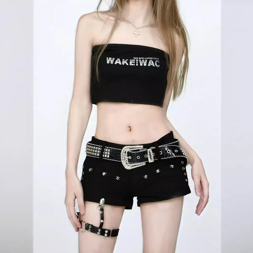 American Retro Sexy Girls Denim Shorts Rivets Streetwear Y2K Low Waist Shors Black Hot Pants With Blet Summer