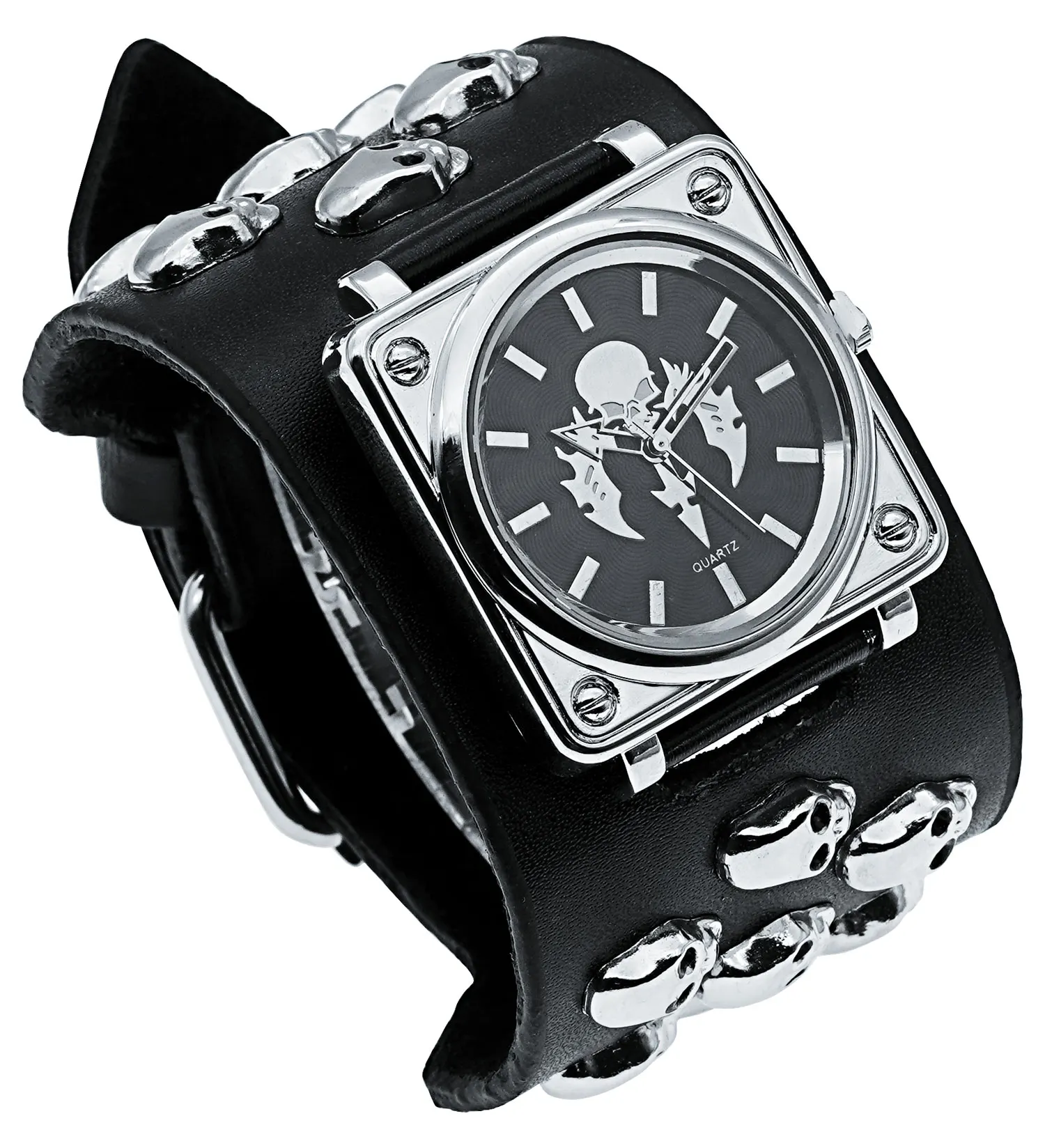 2024 New Leather Punk Skull Quartz Men's Square Wrist Watch Fashionable Large Dial Rock Watches