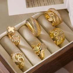 NEWBUY Delicate Shiny AAA CZ Zircon Inlay Wedding Jewelry Gold Color Open Design Rings For Elegant Women Wholesale
