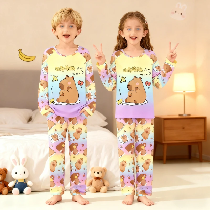 Cartoon Capybara Hause Pyjamas Set Frühling Herbst Mädchen Jungen Kleidung Capybara Kid Nachthemd Hosen Kinder Lange Ärmel Pjs