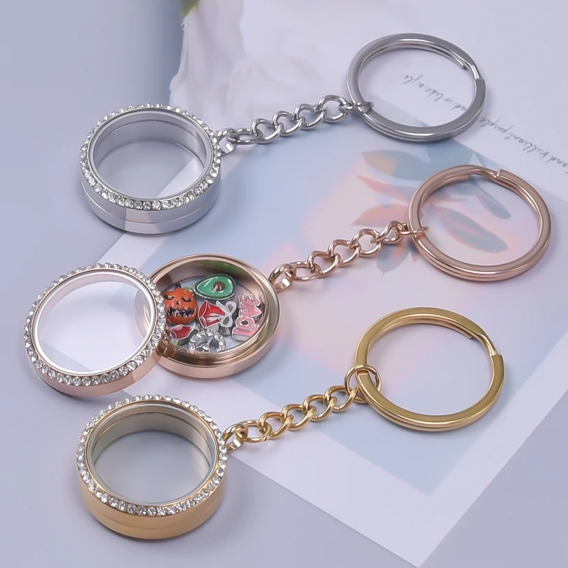 1Pc Stainless Steel Glass Memory Locket Ashes Key Holder For Women Round Floating Living Relicario Pendant Keychain Jewelry