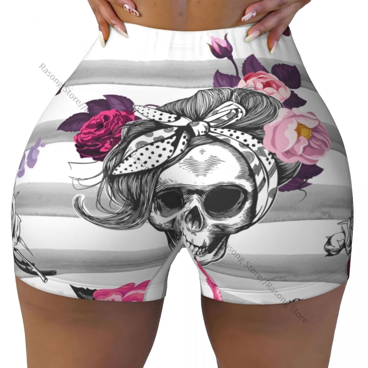 Women Yoga Shorts Skull Roses And Stripes Workout Shorts Fitness quick-dry Ladies Yoga Gym Running Short Pants Sportswear