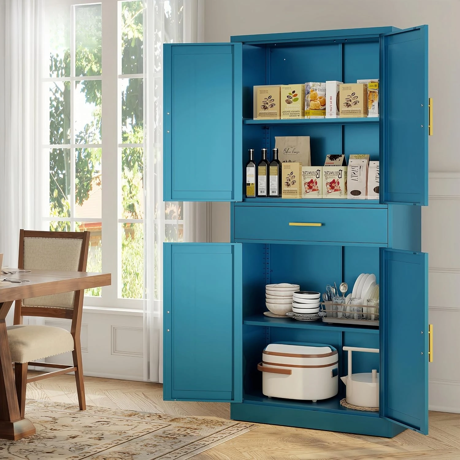 71 Inch Tall Heavy‑Duty Freestanding Metal Pantry Storage Cabinet with Drawer, 2 Adjustable Shelves and Doors, Multi‑Function Floor Cupboard for Home, Kitchen, Dining and Living Room, Blue
