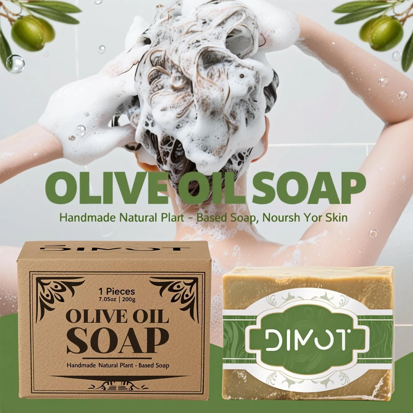 Barra de jabón de aceite de oliva: jabón natural hecho a mano a base de plantas para rostro, cuerpo y cabello, con aceite de fruta de oliva, para hidratación 200 g