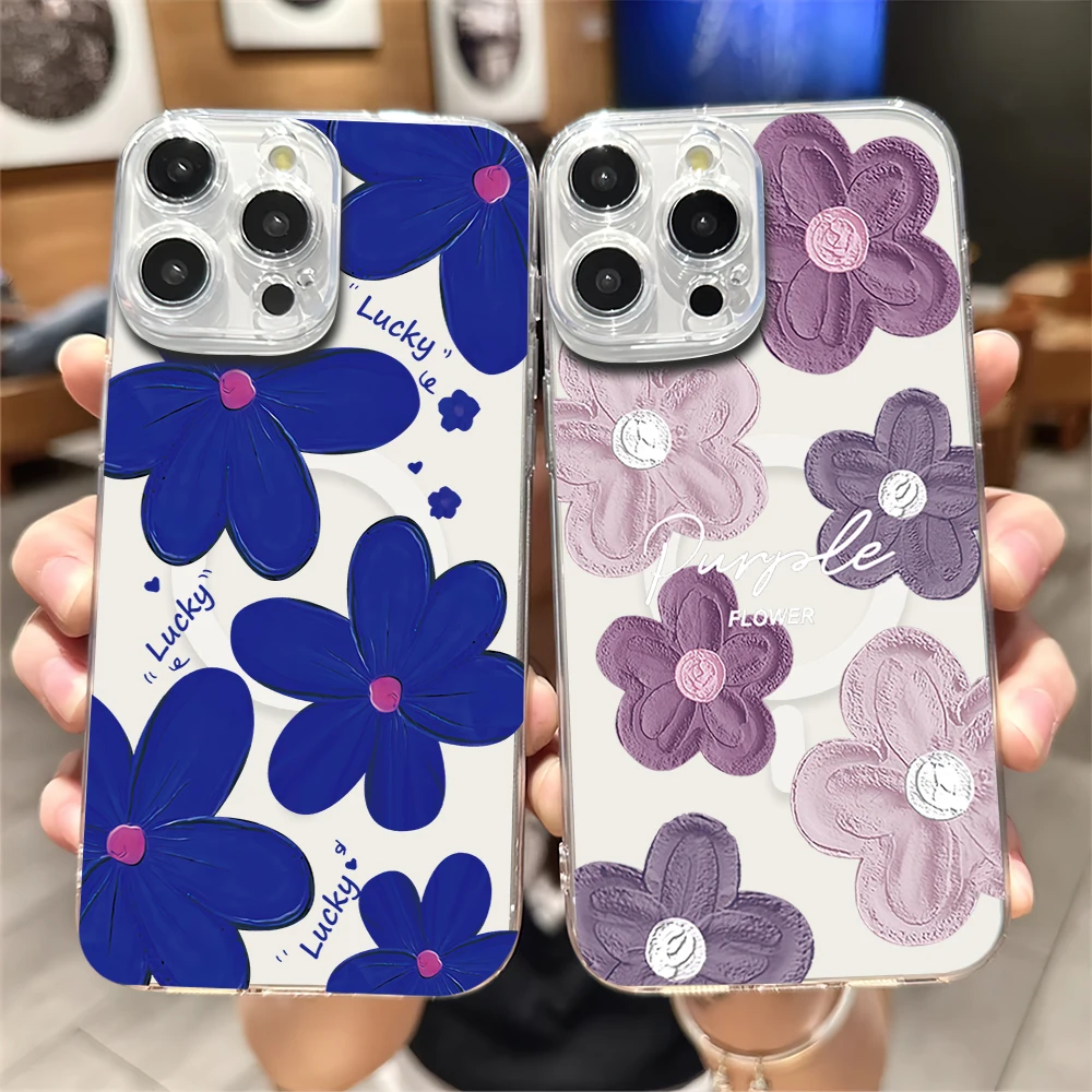 Purple flowers Phone Case For iPhone 11 12 13 14 15 16 Pro Max Plus Magesafe Magnetic Transparent Charge Soft Shell