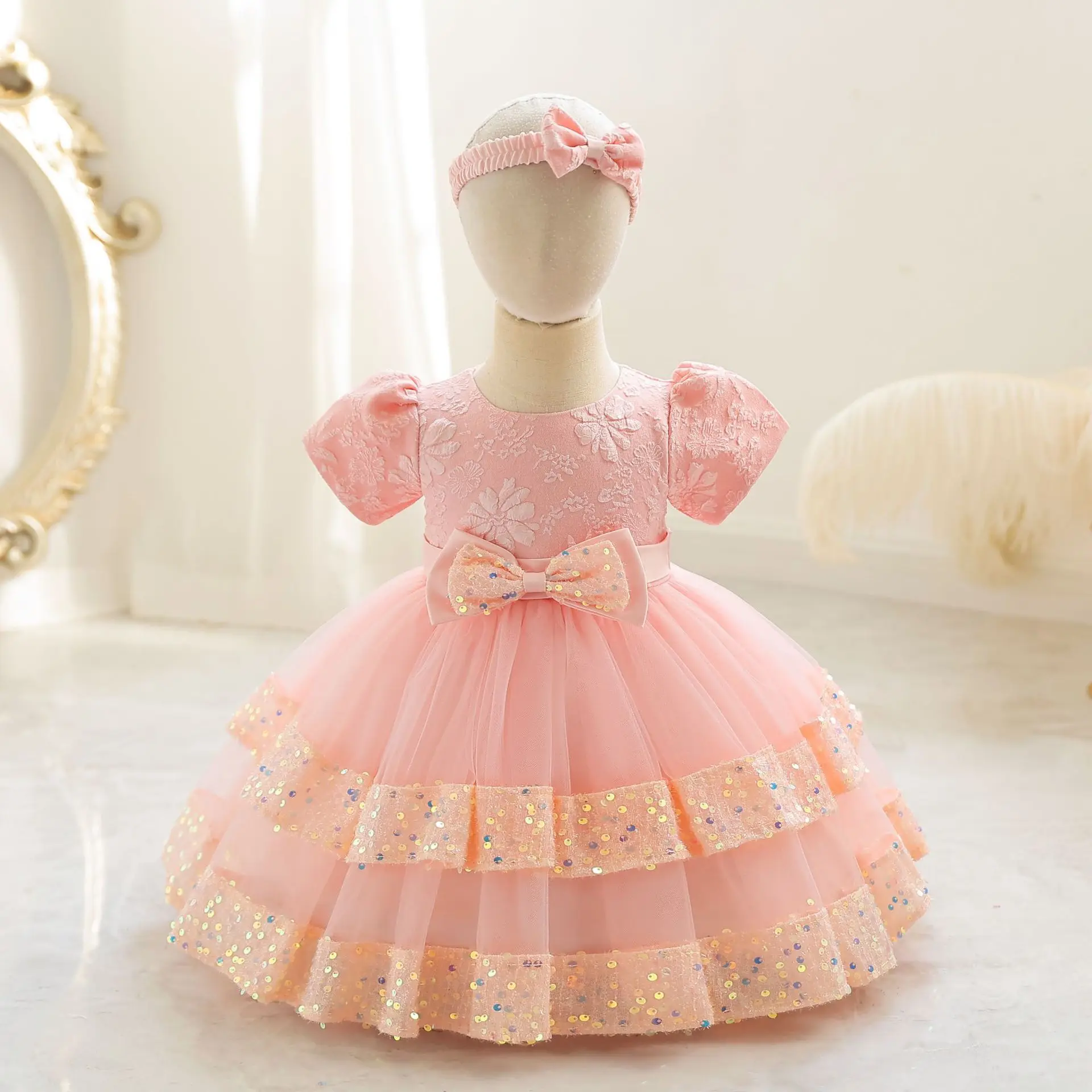 

Elegant Baby One Piece Dress Sequined Layered Girl Kid's Dress Puff Sleeve Graduation Ceremony Christmas Party Gowns 1-6 Years