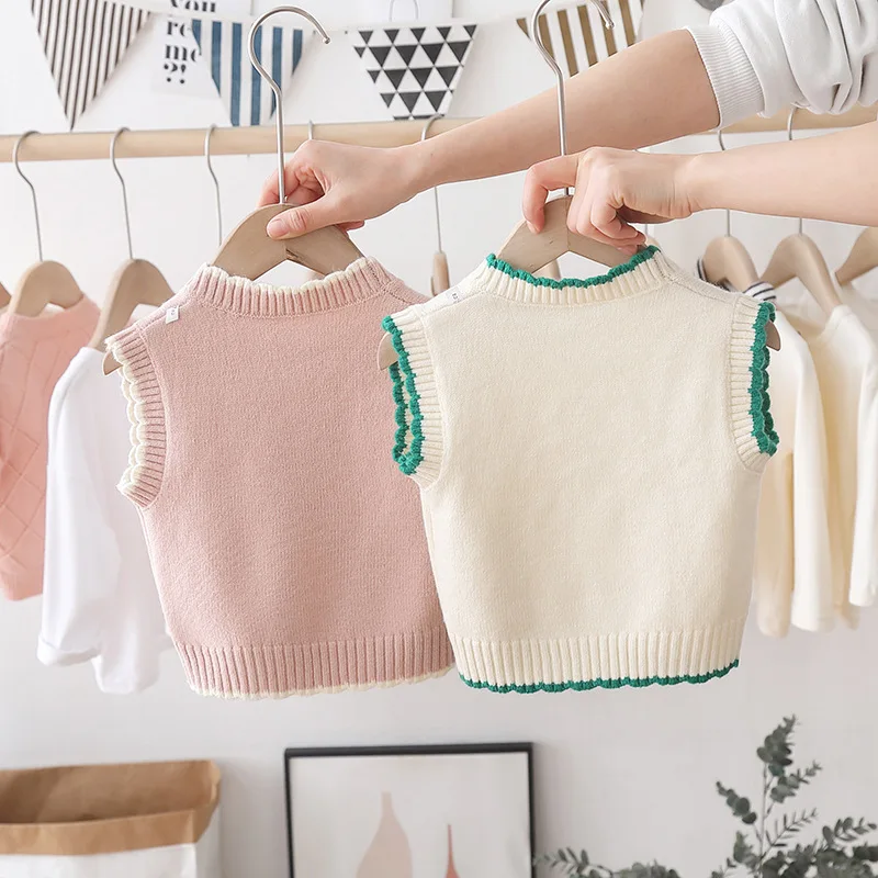 2025 Spring New Girls Knit Pullovers Vest Fashion Children Girls Flower Knitted Vests Tops Kids Babies O-neck Sweater IY04071
