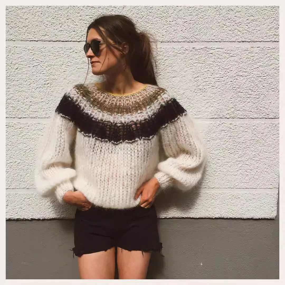 Spring  Loose Fashion Versatile Gradient Color Pullover Mohair Sweater Private Customized Knitted Pullover for Women