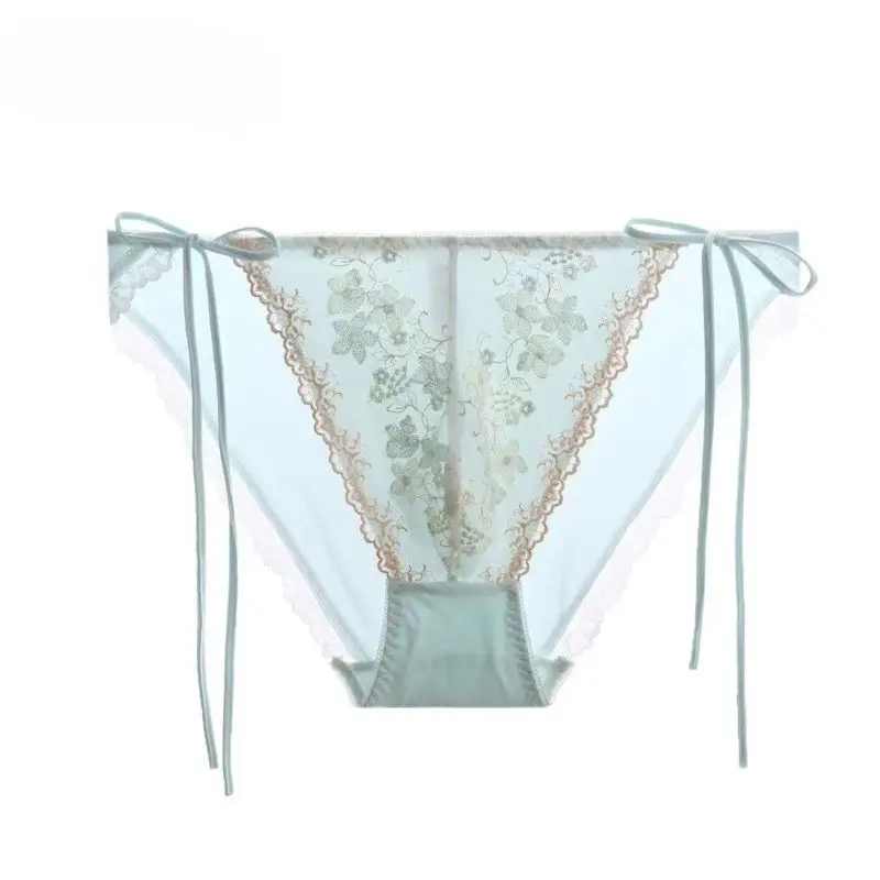 Man's Cute Panties Milk Silk Lace Embroidery Bow Briefs Sissy Lace Up Low Waist Bulge Underpants BF Gift Erotic Lingerie Party