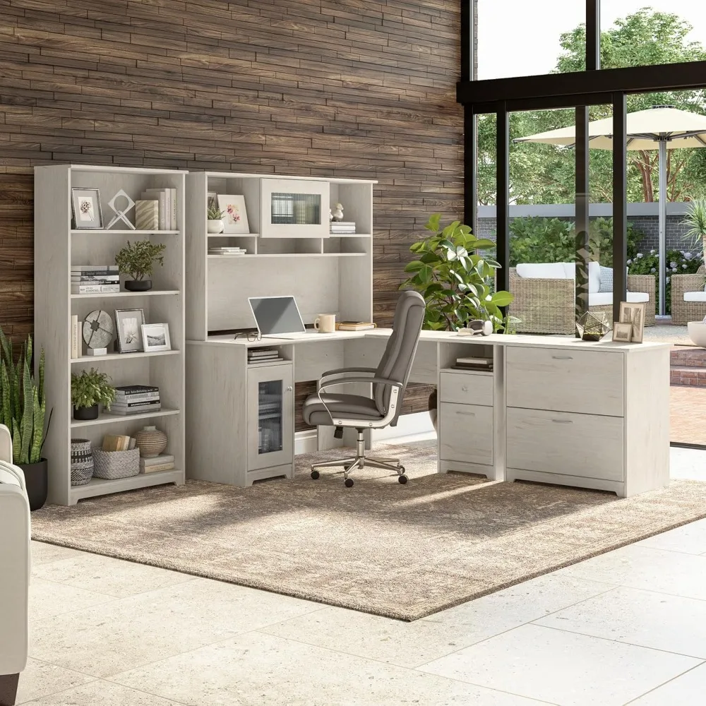 L Shaped Computer Desk com Armazenamento, Linho White Oak, Cabot, 60W