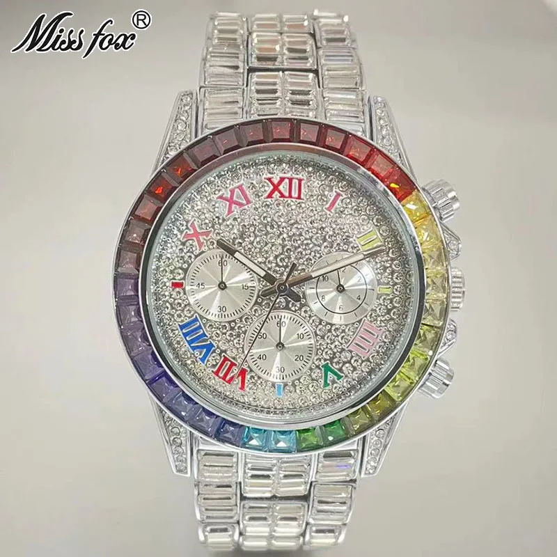 MISSFOX Luxury Iced Watch For Men Fashion Brand Waterproof Quartz Clocks Rainbow Rectangle Diamond Wristwatch Gift Free Shipping