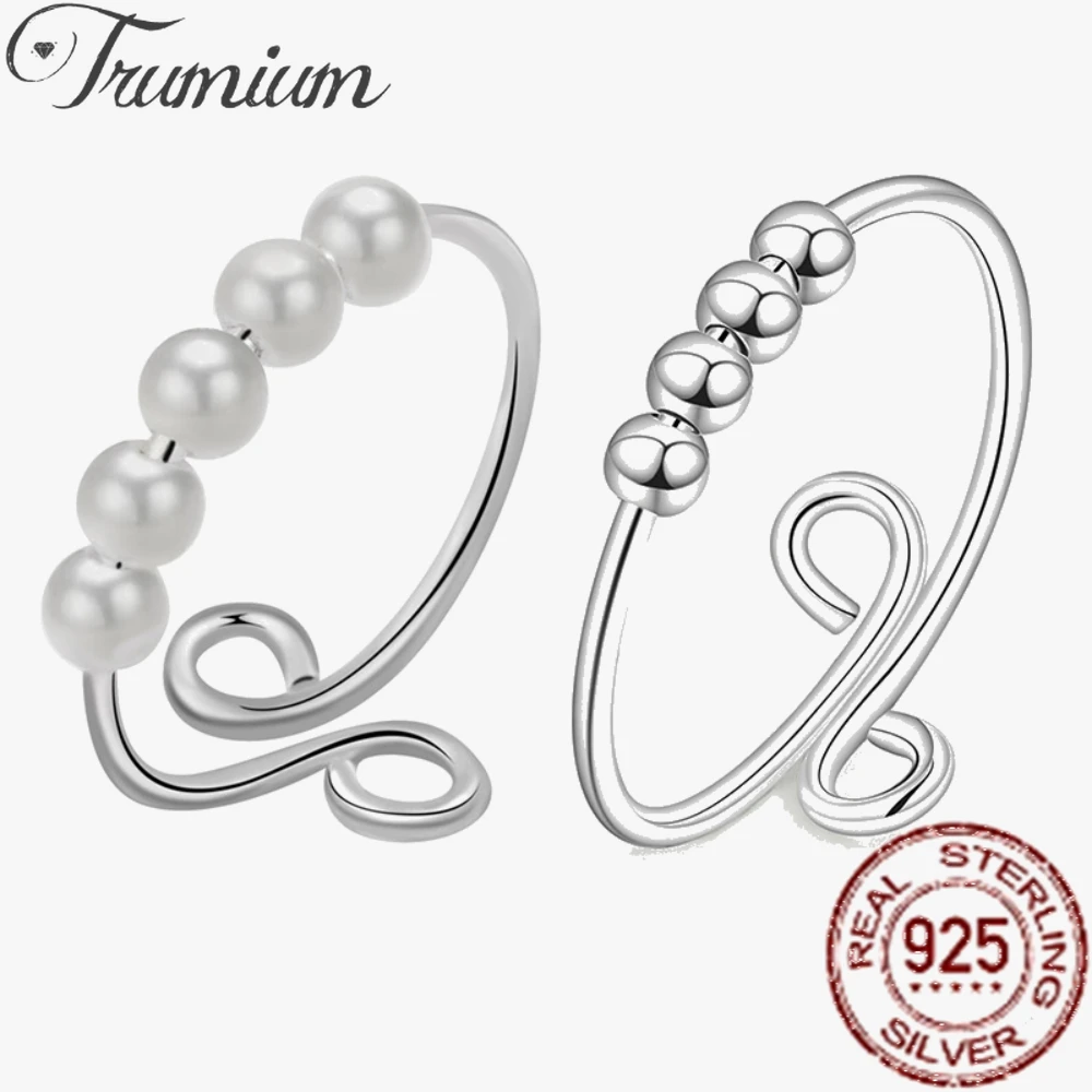 Trumium 925 Sterling Silver Anxiety Ring Beads Spiral Simple Pearl Rings Rotate Freely Anti Stress Toy For Girl Women Open