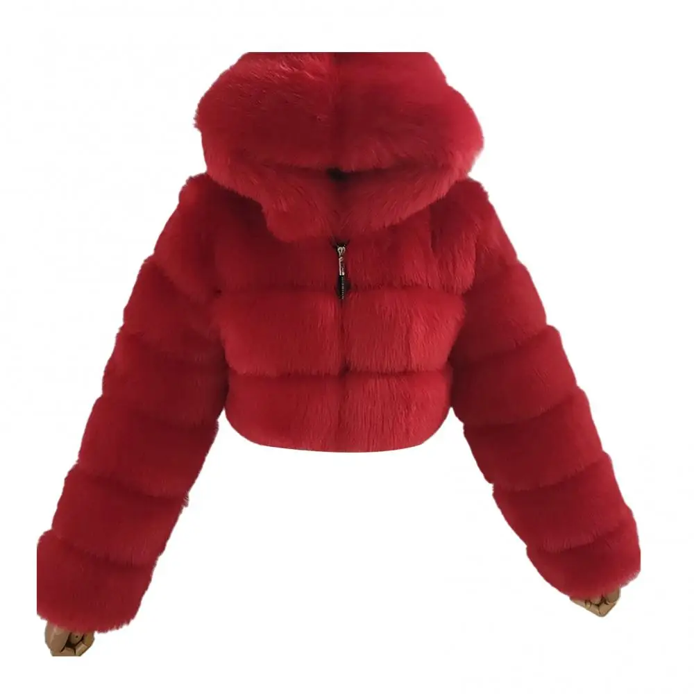 Plus size Women Jacket Fashion Winter Faux Fur Cropped Coat Fluffy Zip Hooded Warm Short Jacket