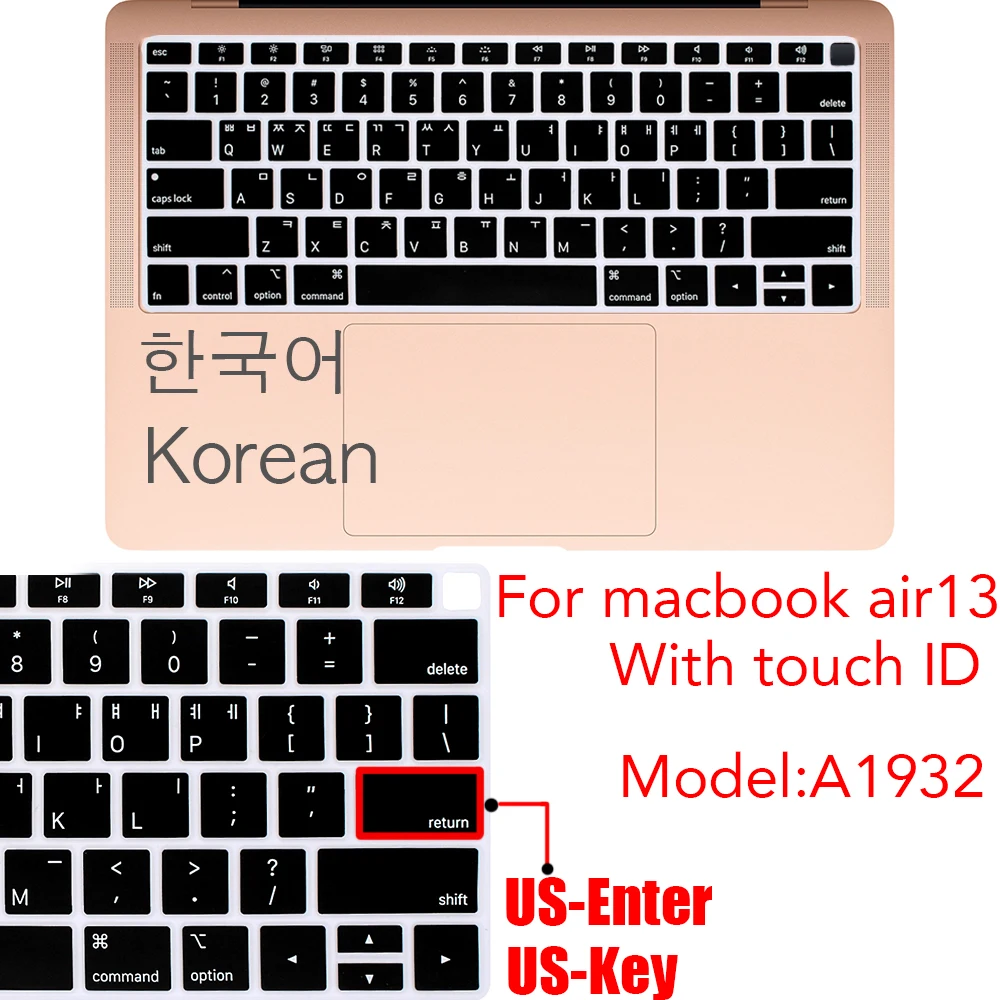 韓国、米国キー米国入力キーボードカバーケースmacbook proの13Air 11 12 15 touchbar A2159 A1466 A1932/A1990/A1398/A1708