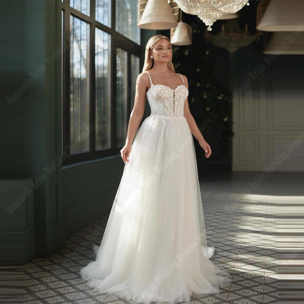 

Sweetheart Collar A-Line Women Wedding Dresses Lace Print Sleeveless Bridal Gowns Princess Banquet Vestidos De Novias Customized