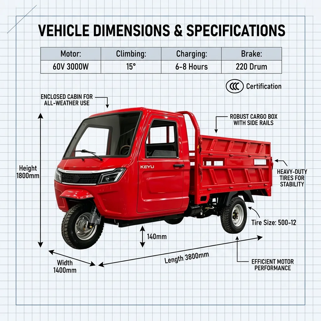 OEM Supported Enclosed Cab Hydraulic Electric Dump Tricycle with Large Cargo Bed for Farm & Construction Work