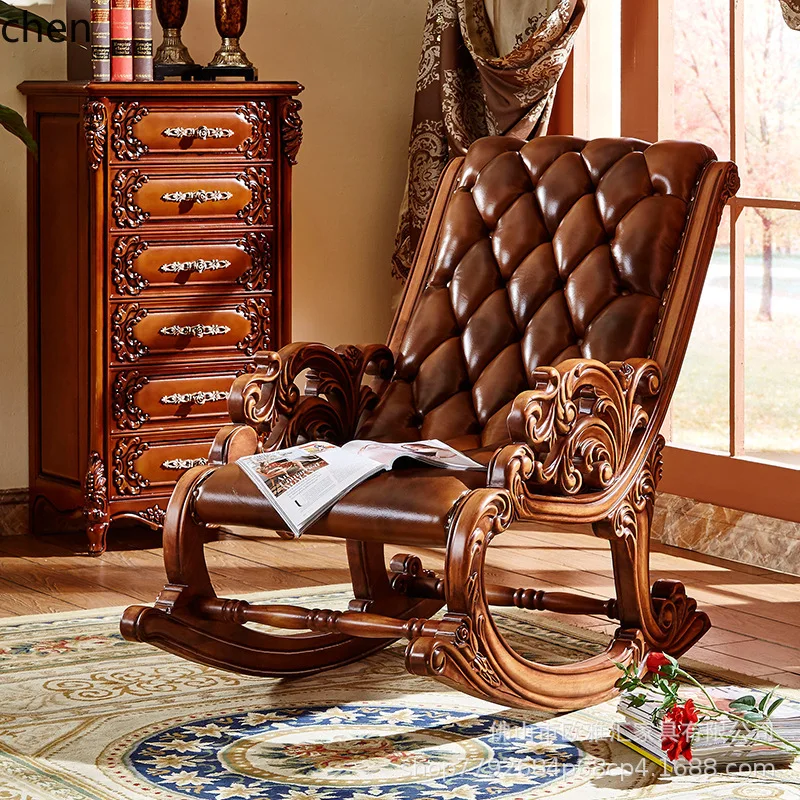 HT Solid Wood Carved Rocking Chair Luxury Balcony Home Leisure Recliner Genuine Leather Sofa Chair Set