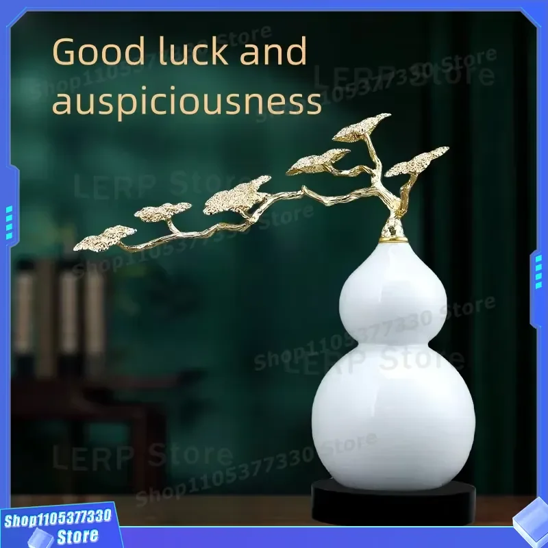 Luxury White Ceramic Gourd Ornament with Alloy Pine Branches Feng Shui Home Decor for Living Room Porch Office Dining Table