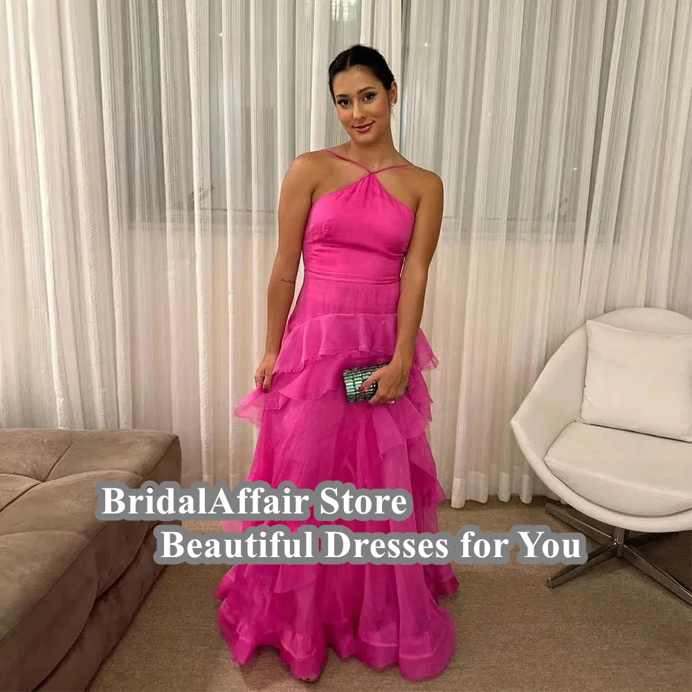 BridalAffair Fuchsia Tulle Party Dresses Sexy Backless A-line Tiered Prom Gowns Halter Formal Occasion Dresses Vestidos De Gala