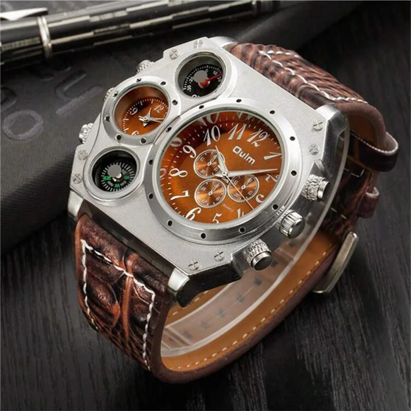 Oulm Fashion Casual Men's Watch Night Light Dual Time Zone Large Dial Leather Strap Men's Quartz Watch reloj hombre