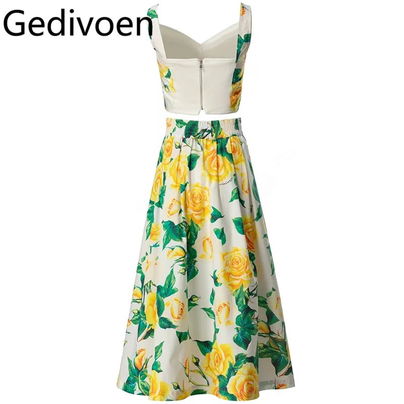 Gedivoen Summer Fashion Runway Designer Dresses Women's Bohemian Floral Print Backless Camisole+Elastic Waist Skirt 2 Pieces Set