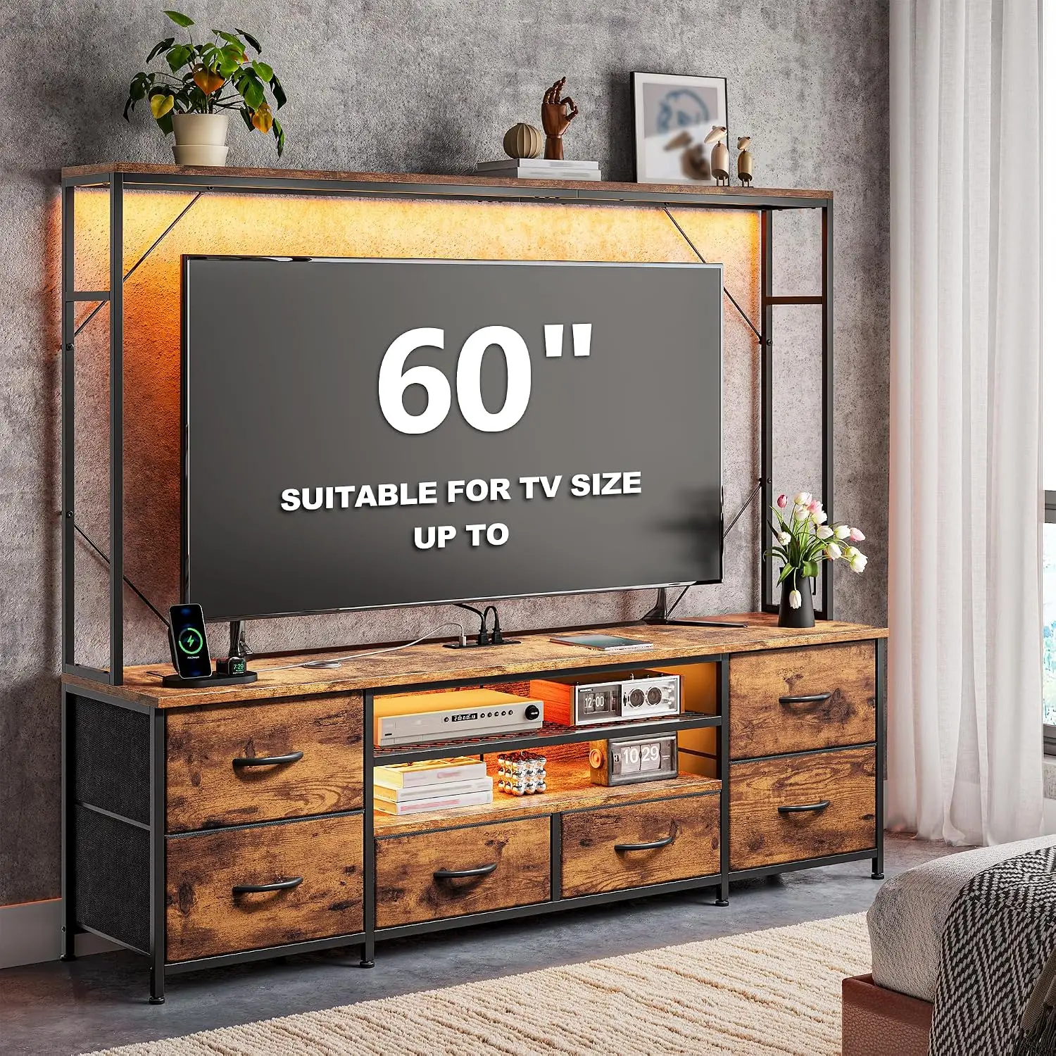 Entertainment Center with LED Lights,Power Strip,Top Wooden Display Shelf, Customized