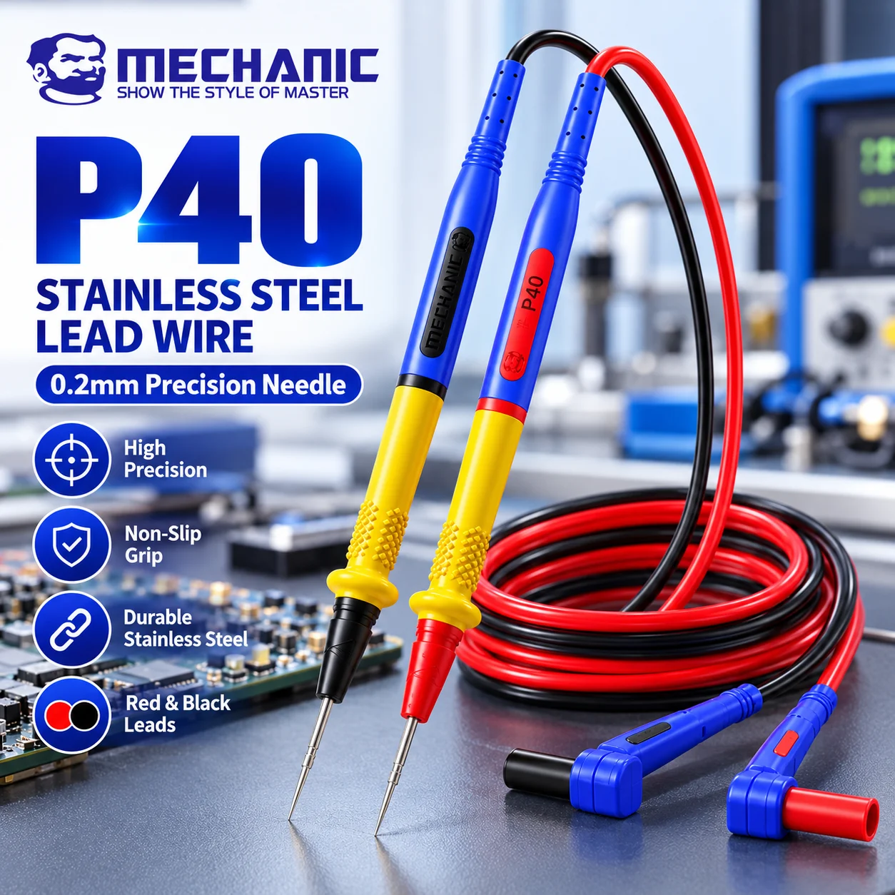 MECHANIC P40 1000V 20A Multimeter Test Leads 0.2mm Fine Tip Stainless Steel Probe Soft Silicone Cable for Electronics PCB Repair