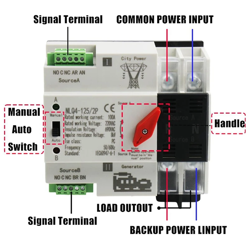 Automatic Transfer Switch 2P 100A Din Rail Mount Dual Power Switch For Generators Electrical Selection Switch NLQ4-2P Durable