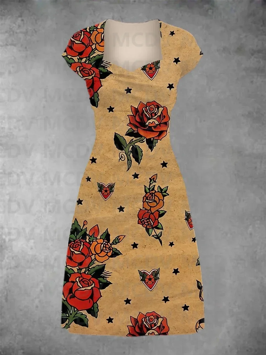 Dames Vintage Matroos Tattoo Print Patchwork Casual Midi Jurk