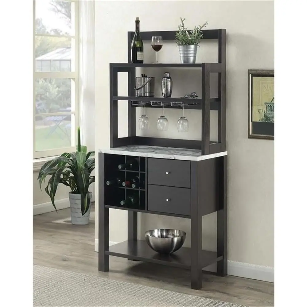 White Marble Finish Multi-Function Home Wine Bar Cabinet with Glass Rack and Storage