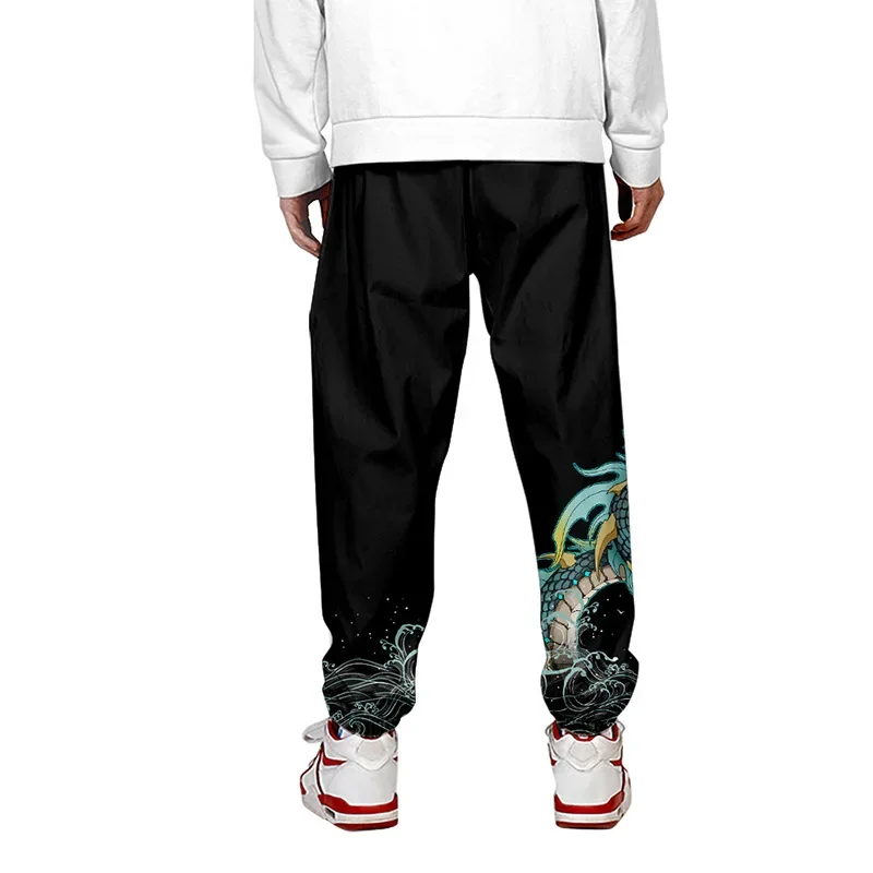 Anime Dragon Print Sweatpants Men Pocket Long Cargo Pant Harajuku Jogger Black White Trousers Streetwear Pants Plus Size 4XL