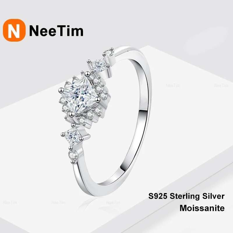 NeeTim 0.4ct Princess Cut Moissanite Ring for Women 925 Sterling Silver Wedding Eternity Band Engagement Promise Rings Jewelry