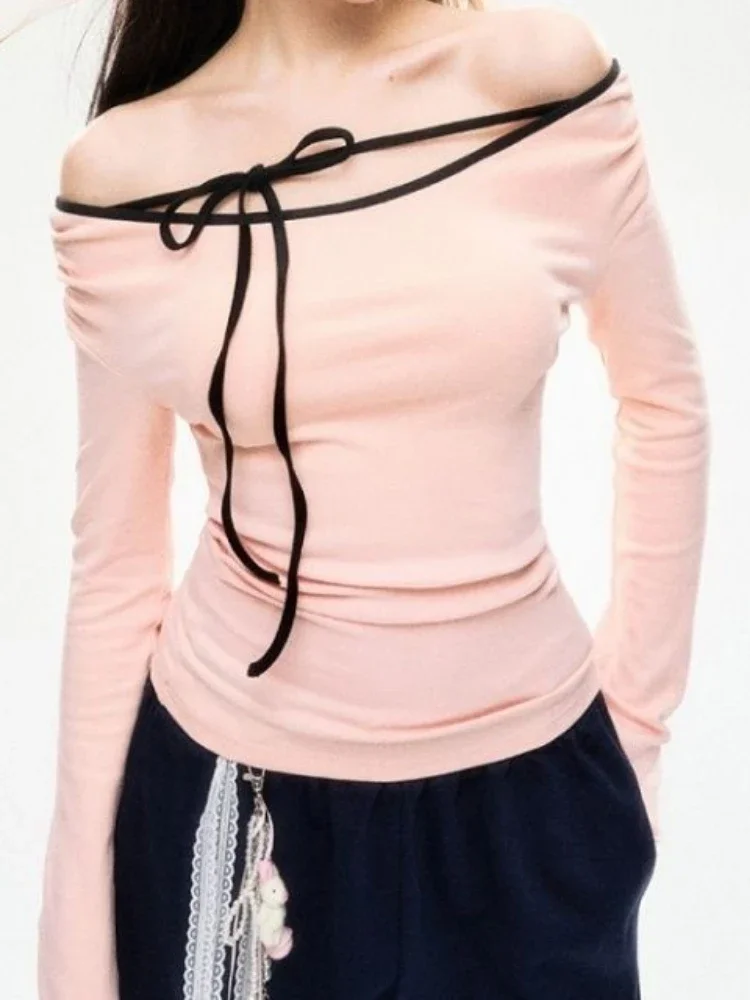 Slash neck y2k estética bodycon tshirts streetwear bandagem feminina recortada grunge camisas vintage harajuku básico plissado camiseta