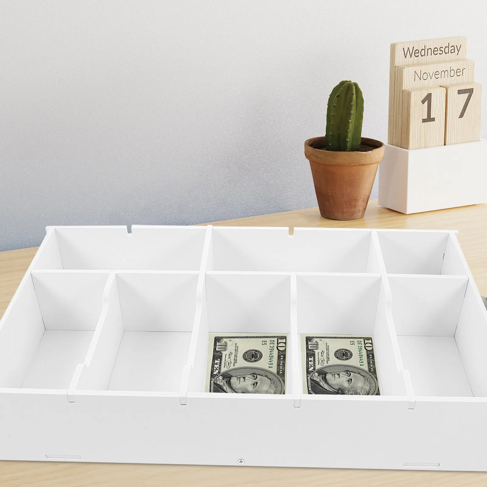 High Space Utilization Cash Drawer Insert Money Storage Organizer Box for Bills Coins Currency Desktop Counter Small Business