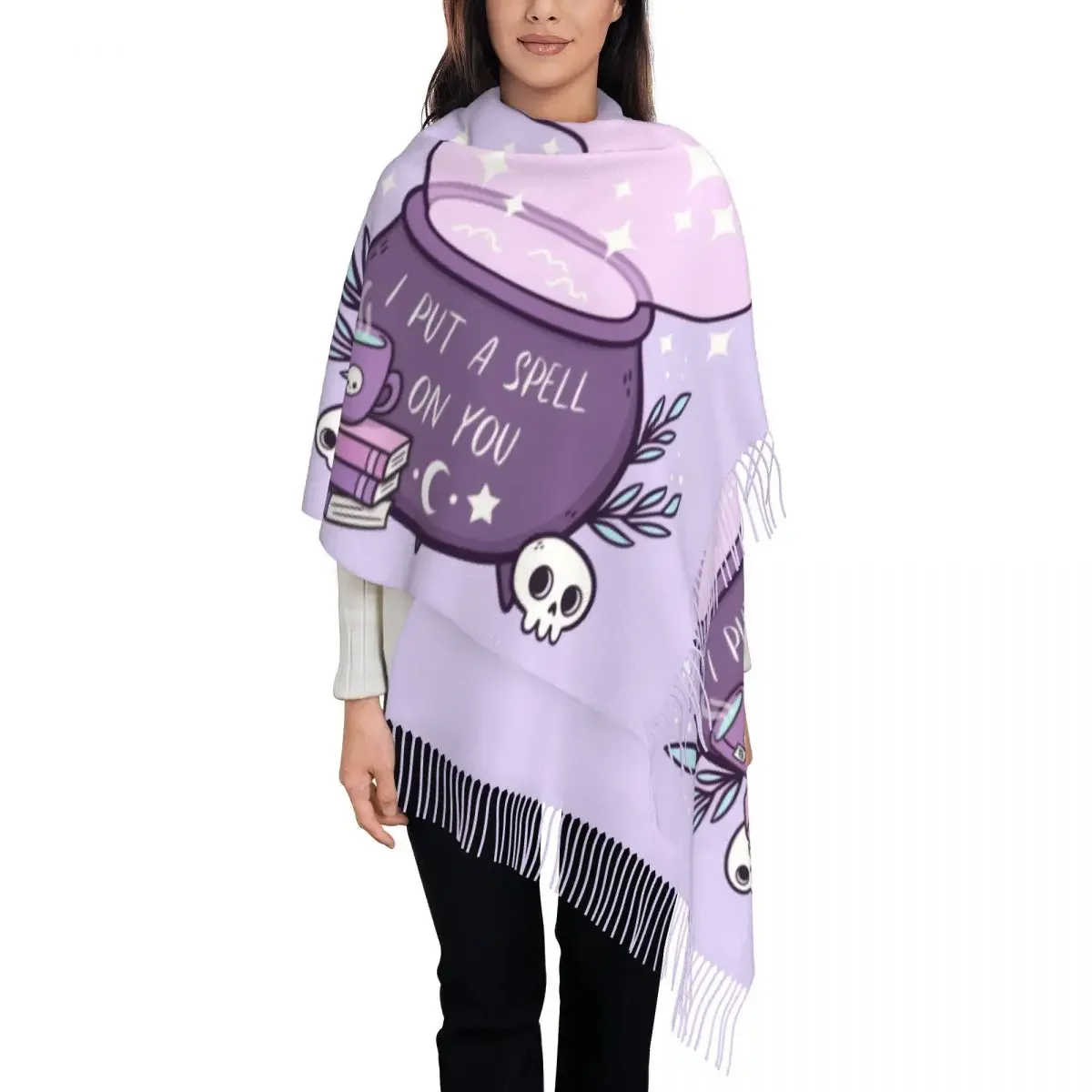 Ladies Long Witch Cauldron Scarves Women Winter Soft Warm Tassel Shawl Wrap Halloween Occult Gothic Skull Scarf