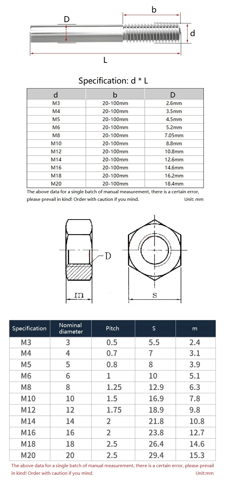 M3 M4 M5 M6 M8 304 Stainless Steel Single End Head Thread Rod Headless Tooth Stick Bar Bolt Screw And Hexagon Nut Set