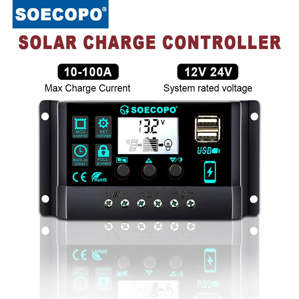 

12V/24V 100A Solar Charge Controller AutoSwitch LCD Display with Overcharge/Short Circuit Protection for RV Boat Off-Grid System