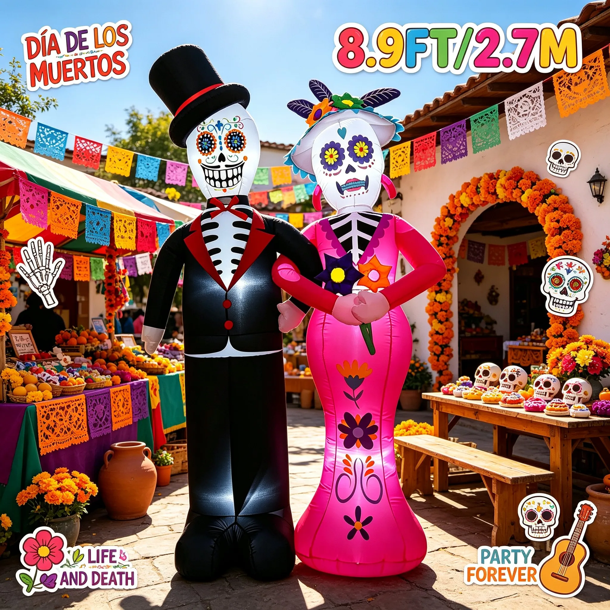 Dia de los Muertos Skeleton Couple Outdoor Holiday Decorations LED Inflatable Model For Backyard Garden Party Decor