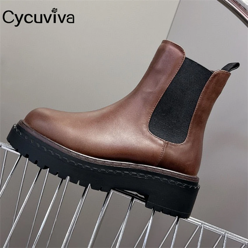 

2024 Genuine Leather Flat Platform Ankle Boots For Women Thick Sole Chelsea Boots Slip On Casual Shoes Motorcyle Boots Mujer