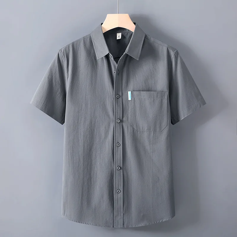

Men Short Sleeve Shirt Solid Plus Size Turn-down Collar Single Pocket Casual Shirts 2025 Summer New Male Clothing
