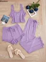 New 2025 Women's Summer 3PCS Pajama Sets Solid Vest Shorts and Pants Paired with Lace Splicing for Homewear Sexy Sleepwear Sets - Image 4